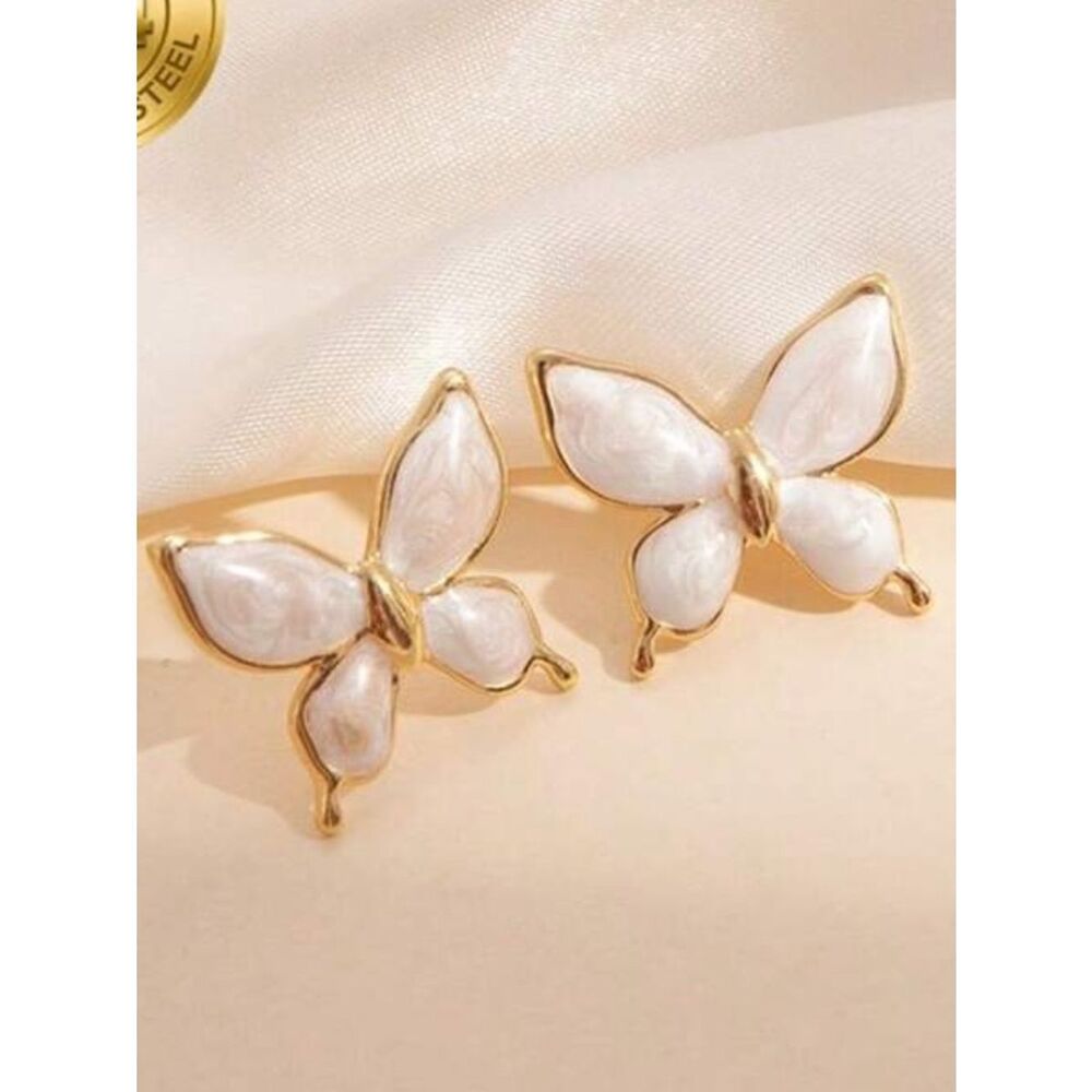 Elegant White Marble Butterfly Stud Earrings - Gold Trim stainless steel R 441